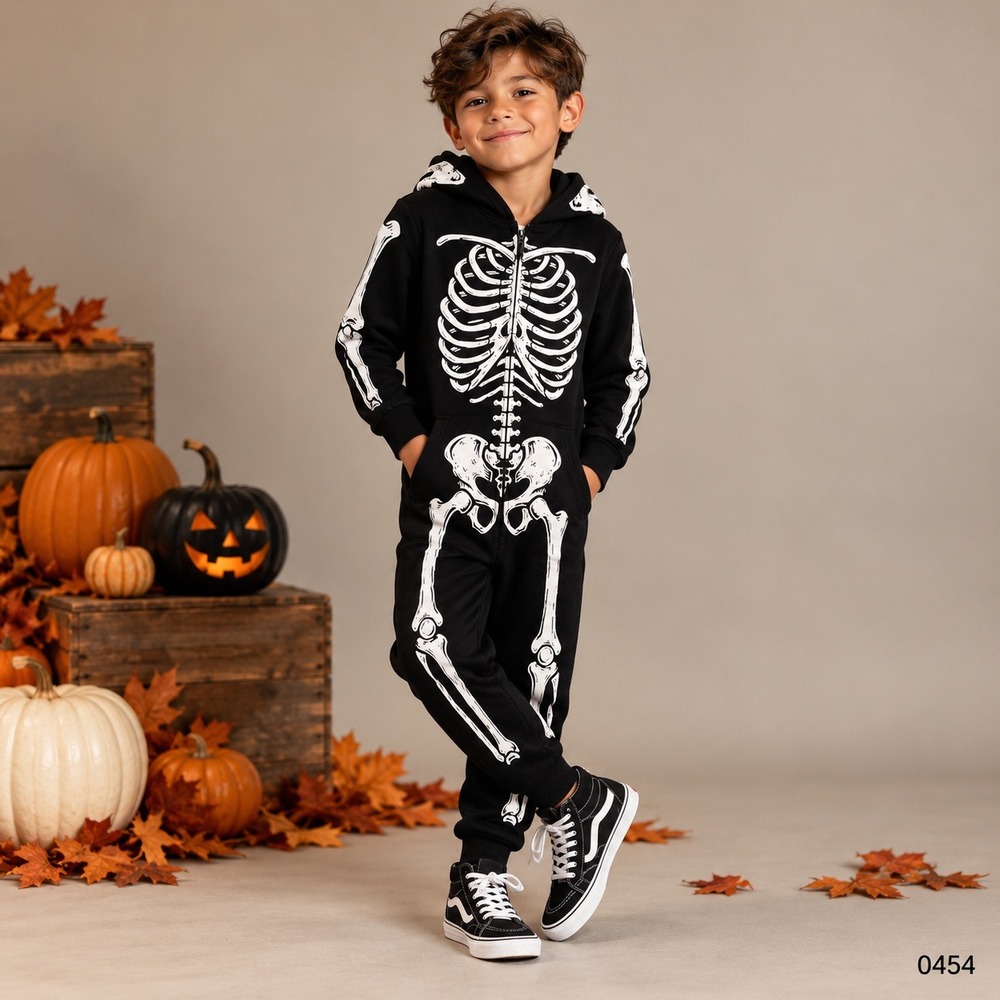 HM Kids Skeleton Hooded Jumpsuit Costume Black White US 8-10Y 0454